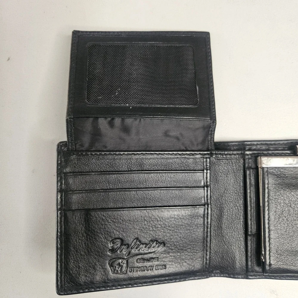 Infinity Genuine Stingray Skin Bifold Wallet Black Exotic Leather Kiss Lock Coin